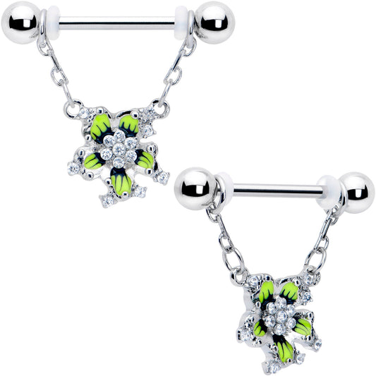 14G 9/16 Clear CZ Gem Go Green Flower Chain Dangle Nipple Ring Set