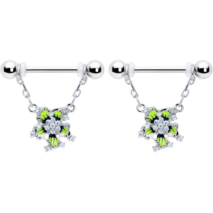 14G 9/16 Clear CZ Gem Go Green Flower Chain Dangle Nipple Ring Set