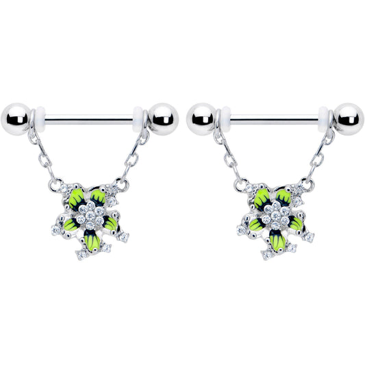 14G 9/16 Clear CZ Gem Go Green Flower Chain Dangle Nipple Ring Set