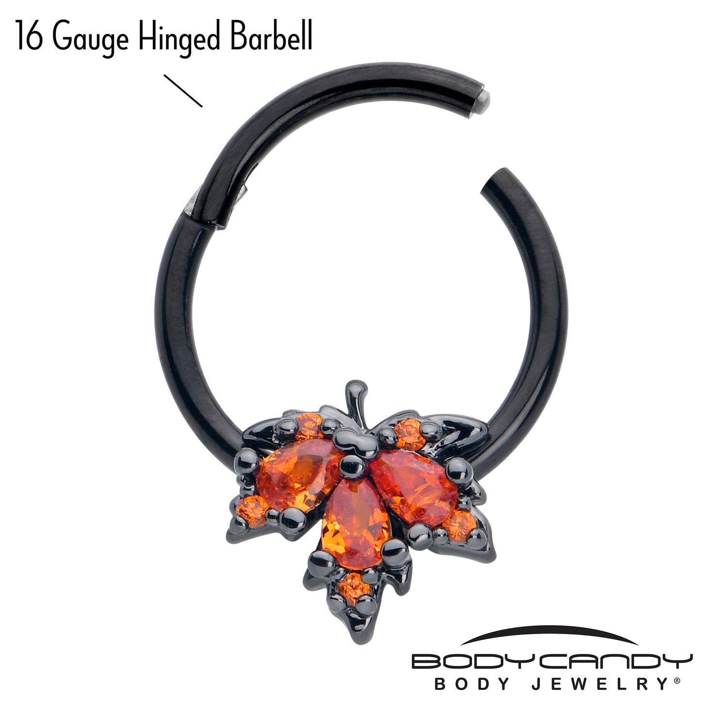 16G 3/8 Orange CZ Gem Black Autumn Leaf Hinged Segment Ring