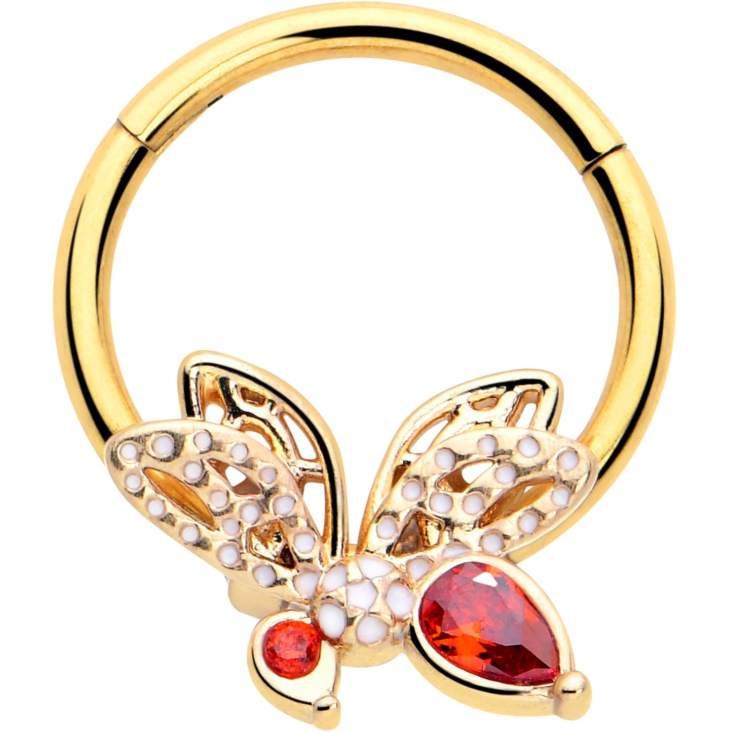 16G 3/8 Red CZ Gem Gold Tone Drama Butterfly Hinged Segment Ring
