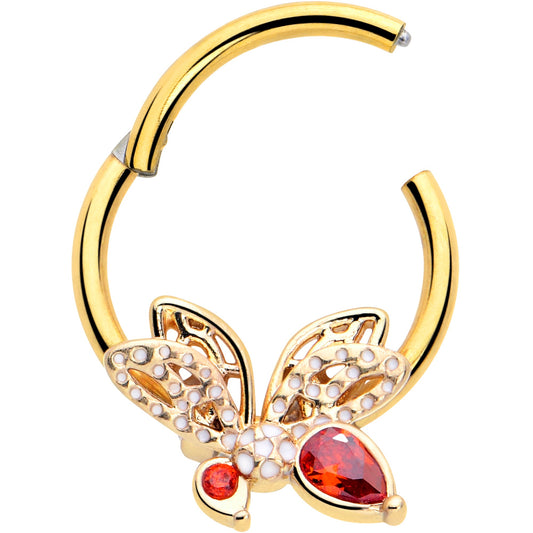 16G 3/8 Red CZ Gem Gold Tone Drama Butterfly Hinged Segment Ring