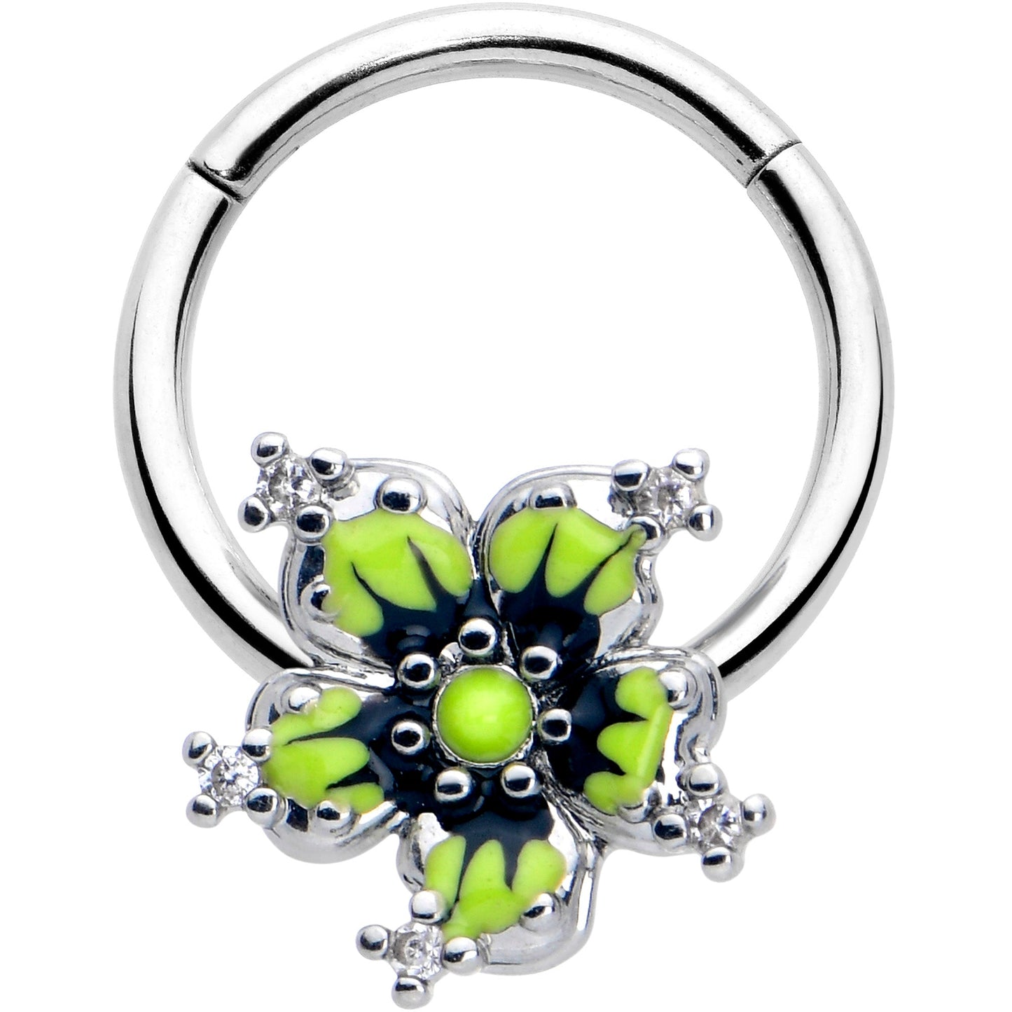 16G 3/8 Clear CZ Gem Go Green Flower Hinged Segment Ring