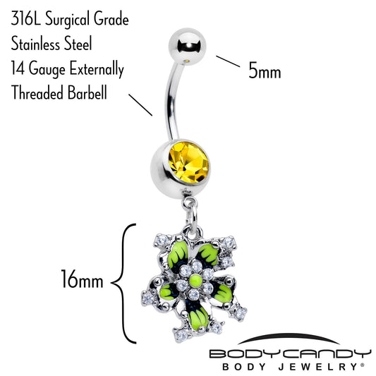 Clear Yellow CZ Gem Go Green Flower Dangle Belly Ring