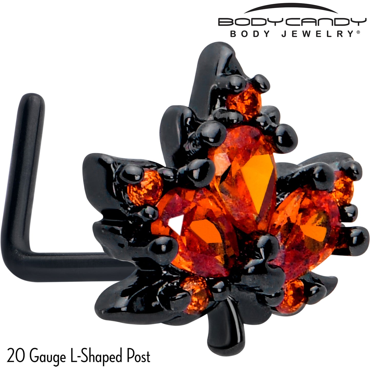 20G 7mm Orange CZ Gem Black Autumn Leaf L Shape Nose Ring
