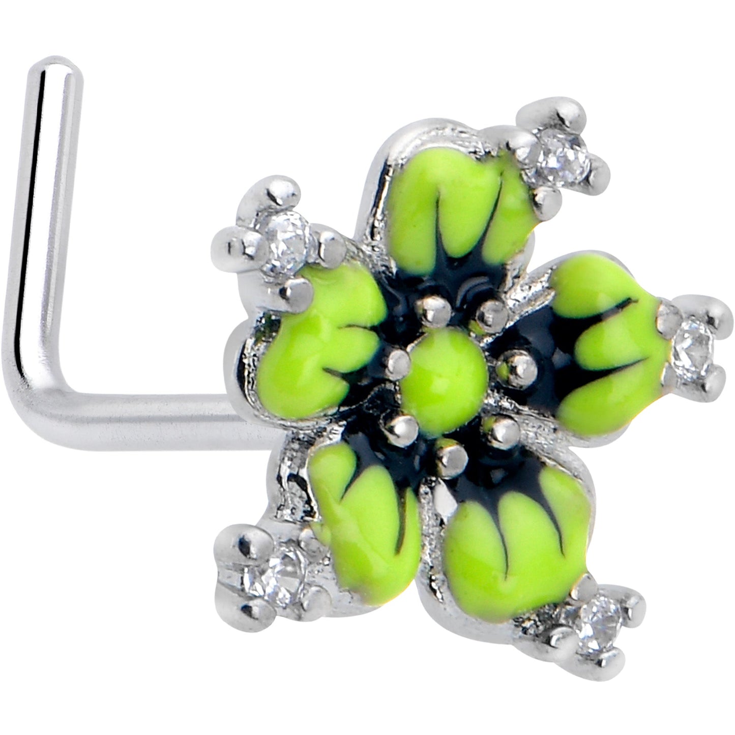 20G 7mm Clear CZ Gem Go Green Flower L Shape Nose Ring
