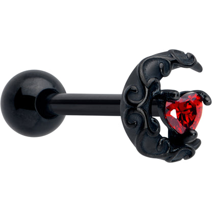 Red CZ Gem Black Scroll Moon Heart Barbell Tongue Ring