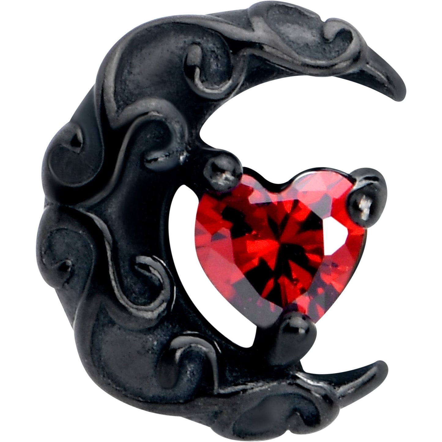 Red CZ Gem Black Scroll Moon Heart Barbell Tongue Ring