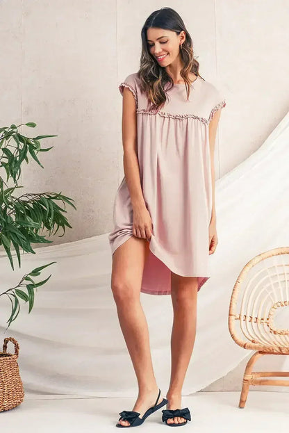 Oatmeal Frilled Trim Crewneck Loose Fit Mini Dress