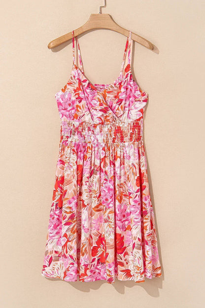 Red Floral Spaghetti Strap Surplice Neck Shirred Waist Mini Dress
