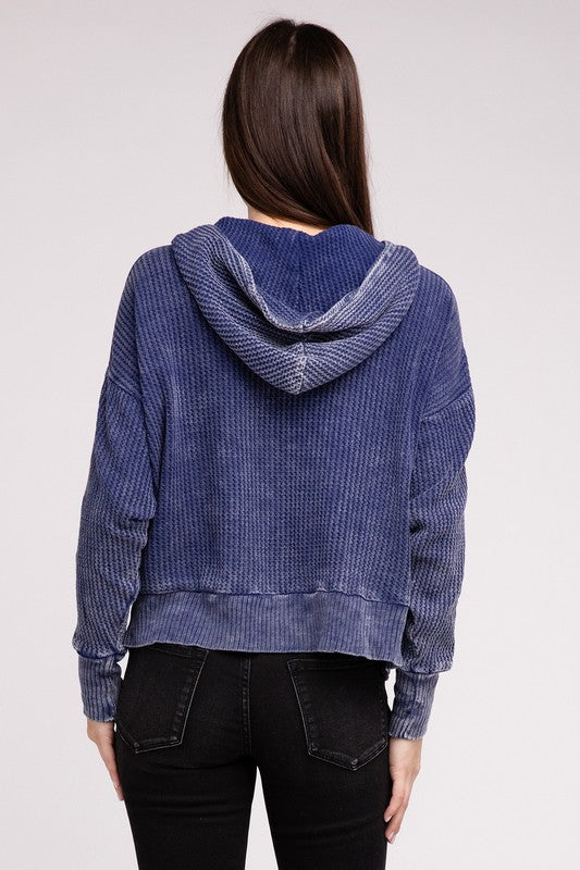 ZENANA Acid Wash Cotton Waffle Hooded Zip-Up Jacket