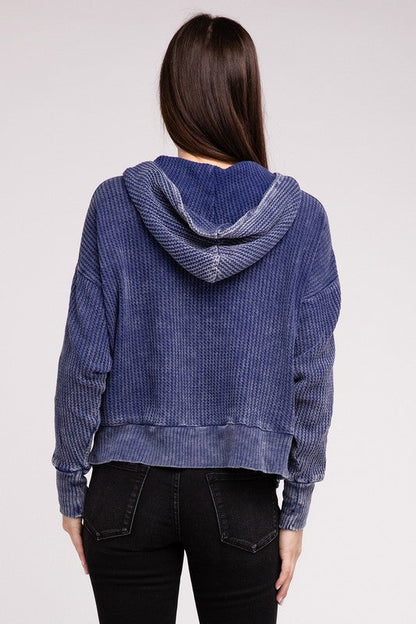 ZENANA Acid Wash Cotton Waffle Hooded Zip-Up Jacket