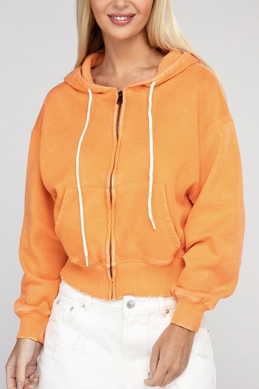 ZENANA Acid Wash Fleece Cropped Zip-Up Hoodie