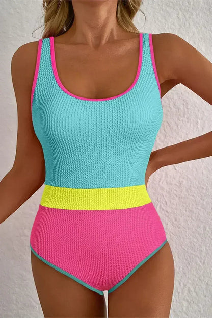 Rose Red Textured Colorblock One Piece Swimsuit