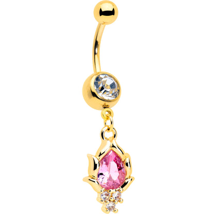 Pink CZ Gem Gold Tone Style Fire Dangle Belly Ring