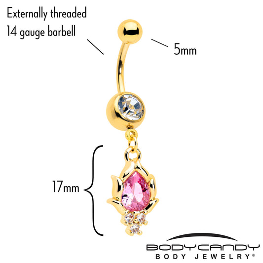 Pink CZ Gem Gold Tone Style Fire Dangle Belly Ring