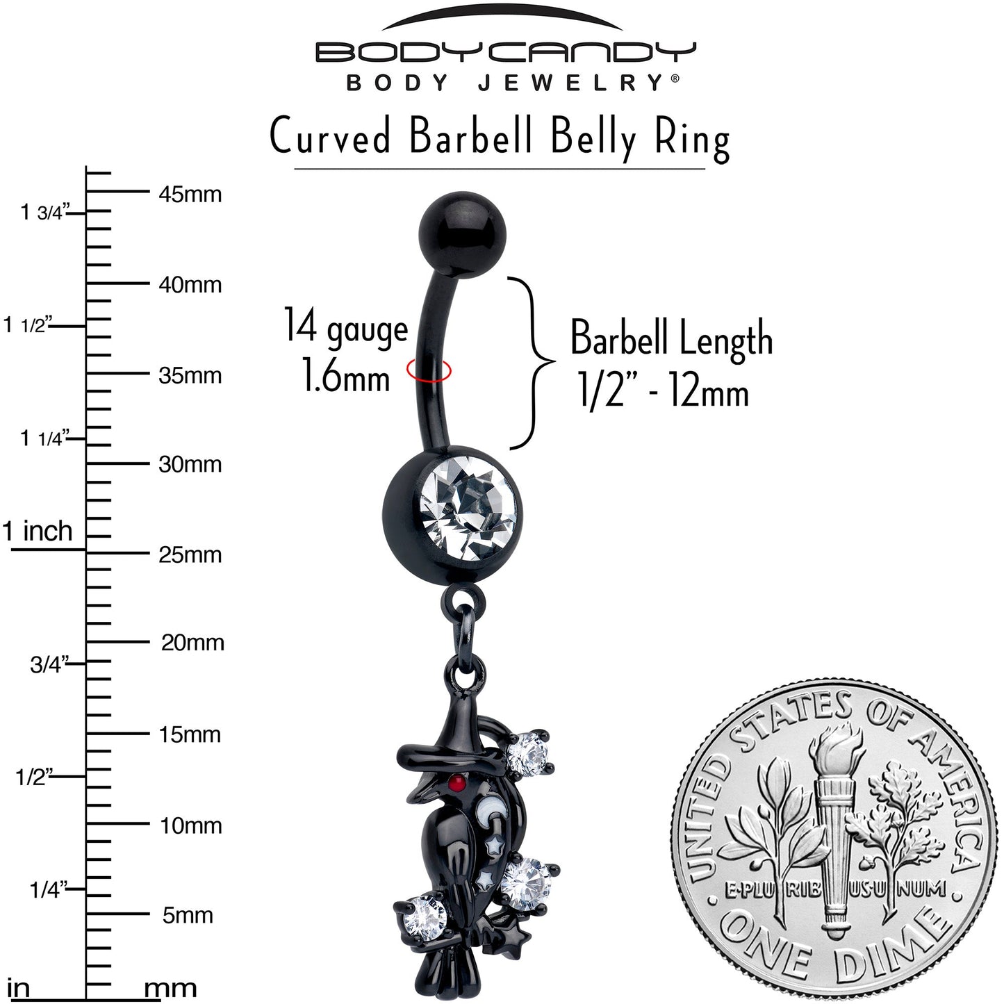 Clear CZ Gem Black Raven Witch Dangle Belly Ring