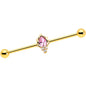 14G Pink CZ Gem Gold Tone Style Fire Industrial Barbell 38mm