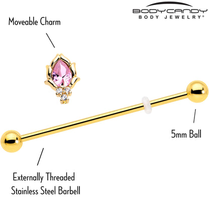 14G Pink CZ Gem Gold Tone Style Fire Industrial Barbell 38mm