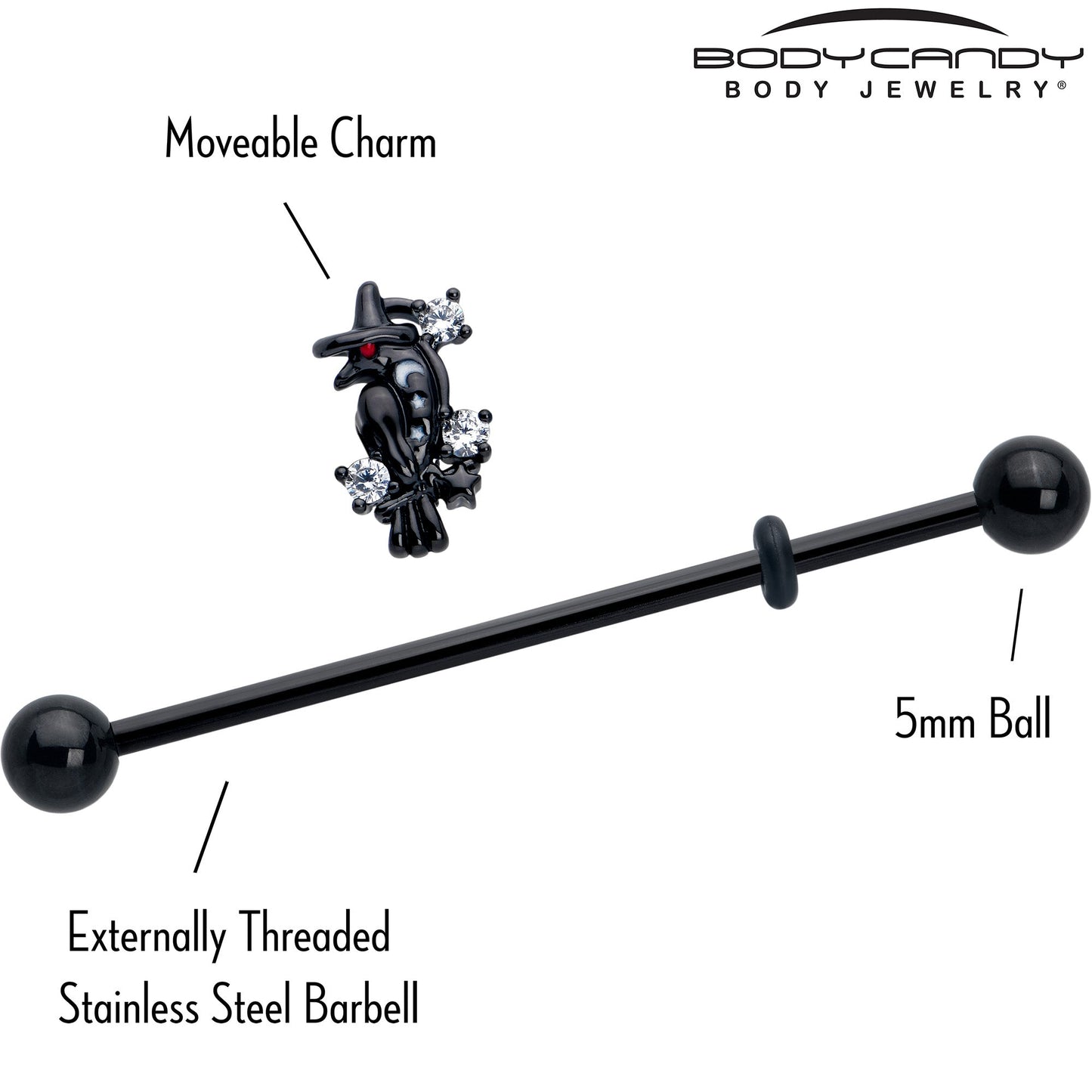 14G Clear CZ Gem Black Raven Witch Industrial Barbell 38mm