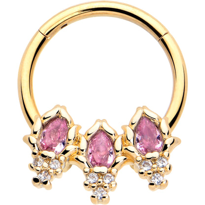 16G 3/8 Pink CZ Gem Gold Tone Style Fire Hinged Segment Ring