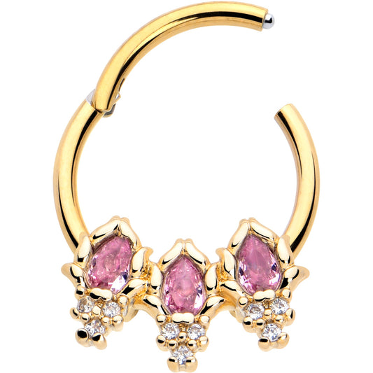 16G 3/8 Pink CZ Gem Gold Tone Style Fire Hinged Segment Ring