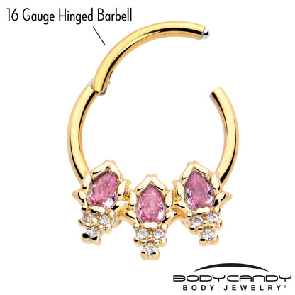 16G 3/8 Pink CZ Gem Gold Tone Style Fire Hinged Segment Ring