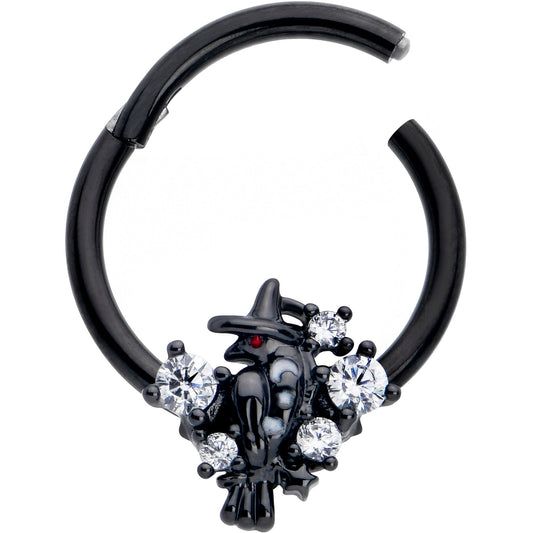 16G 3/8 Clear CZ Gem Black Raven Witch Hinged Segment Ring