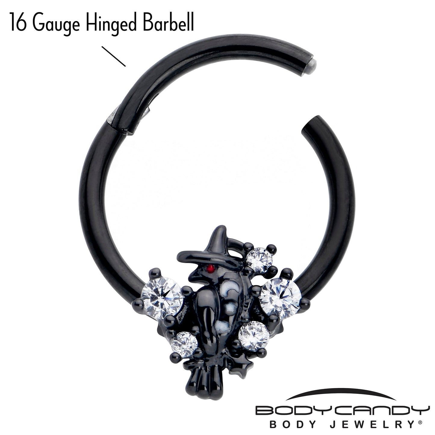 16G 3/8 Clear CZ Gem Black Raven Witch Hinged Segment Ring