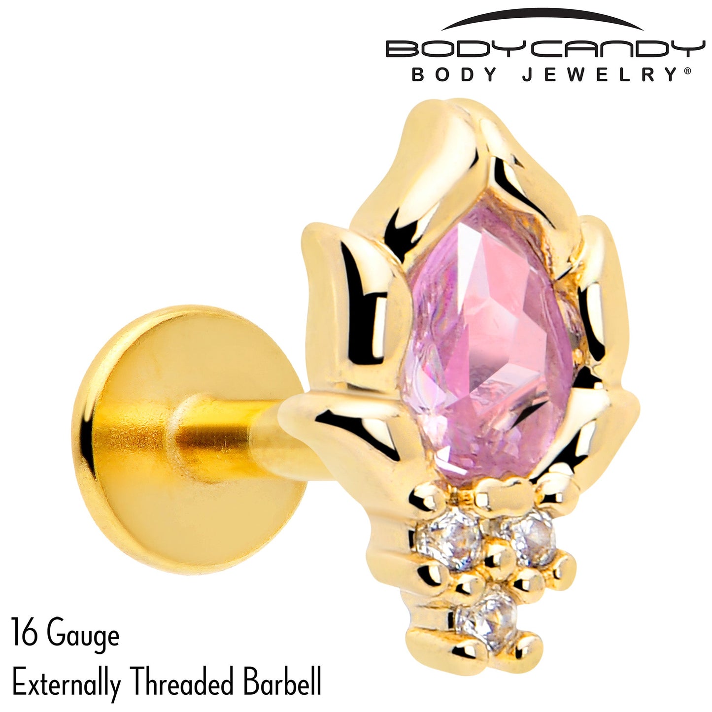 16G 1/4 Pink CZ Gem Gold Tone Style Fire Labret Monroe Tragus