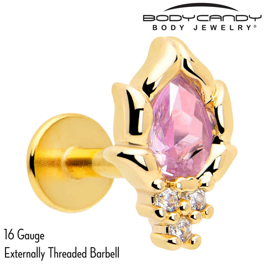 16G 1/4 Pink CZ Gem Gold Tone Style Fire Labret Monroe Tragus