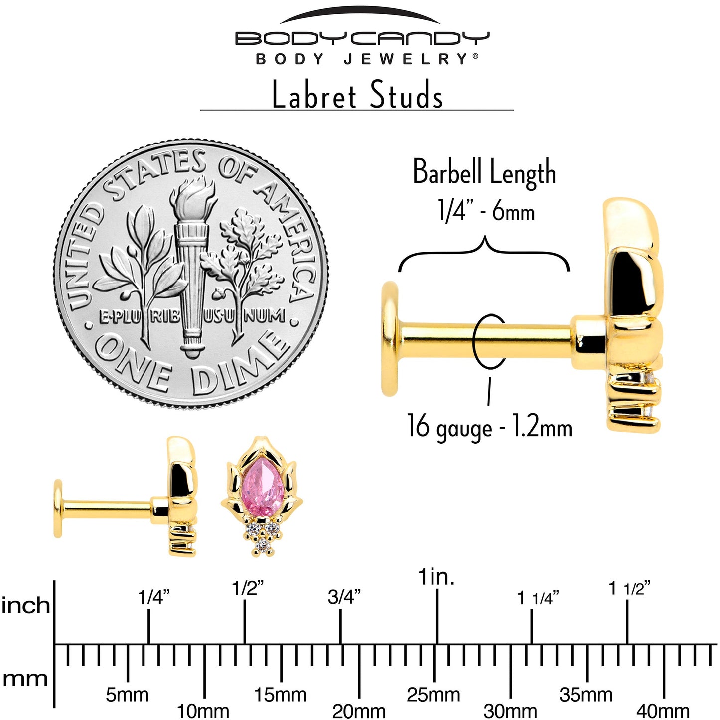 16G 1/4 Pink CZ Gem Gold Tone Style Fire Labret Monroe Tragus