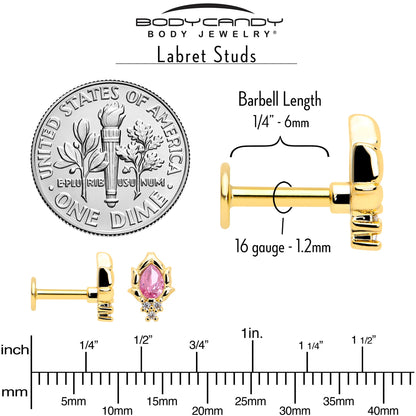 16G 1/4 Pink CZ Gem Gold Tone Style Fire Labret Monroe Tragus