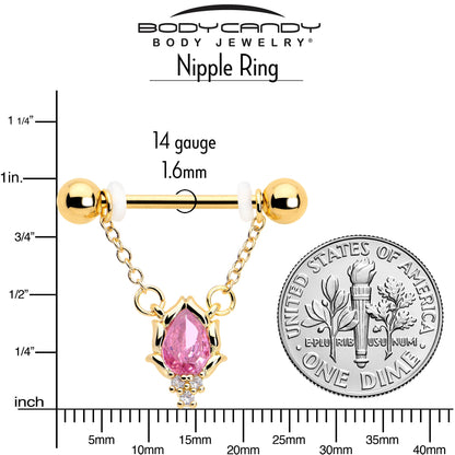 14G 9/16 Pink CZ Gem Gold Tone Style Fire Dangle Nipple Ring Set