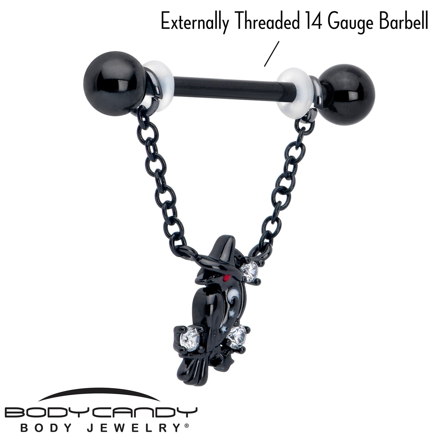 14G 9/16 Clear CZ Gem Black Raven Witch Dangle Nipple Ring Set