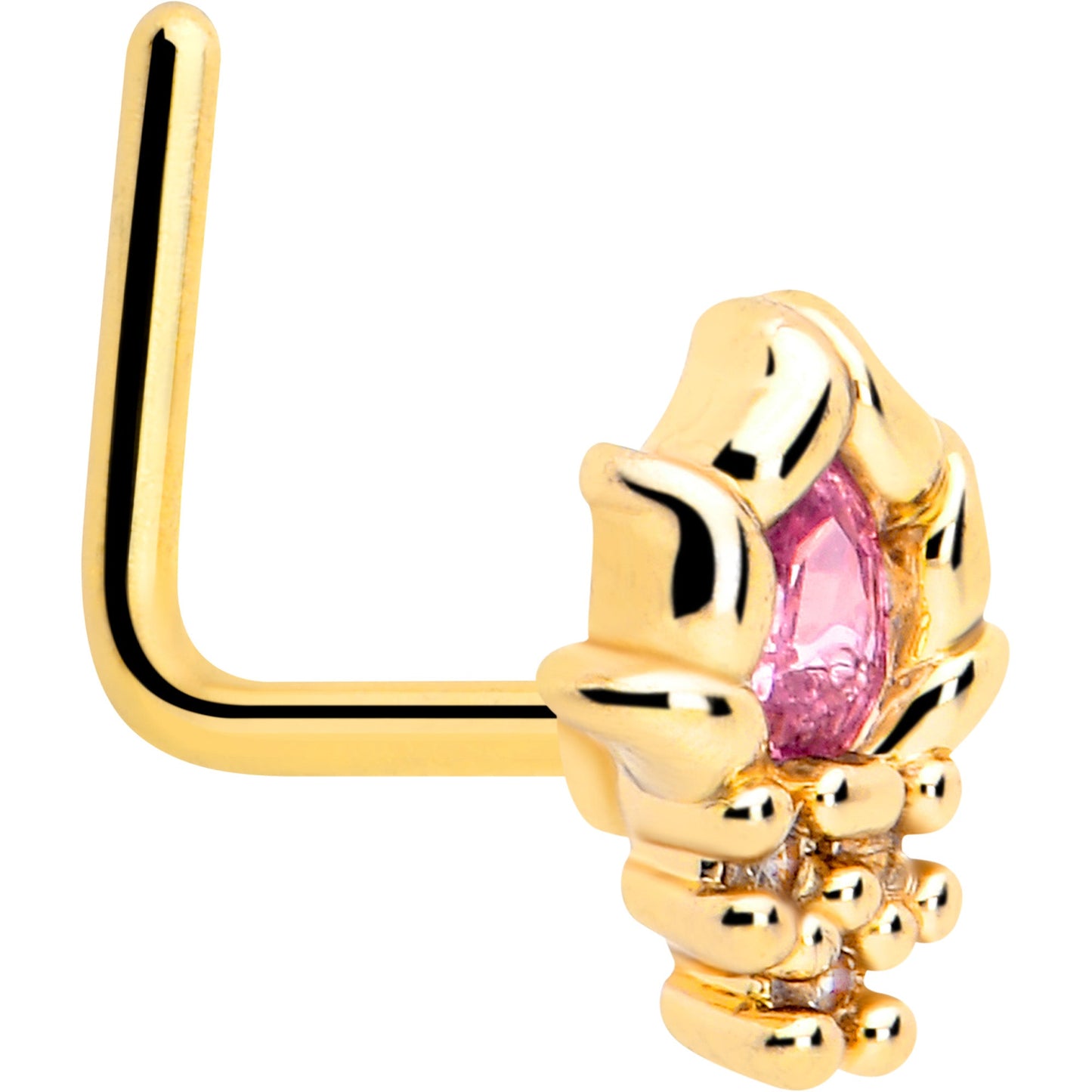 20G 7mm Pink CZ Gem Gold Tone Style Fire L Shape Nose Ring