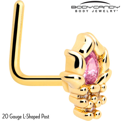 20G 7mm Pink CZ Gem Gold Tone Style Fire L Shape Nose Ring