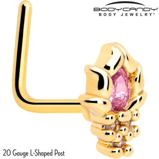 20G 7mm Pink CZ Gem Gold Tone Style Fire L Shape Nose Ring