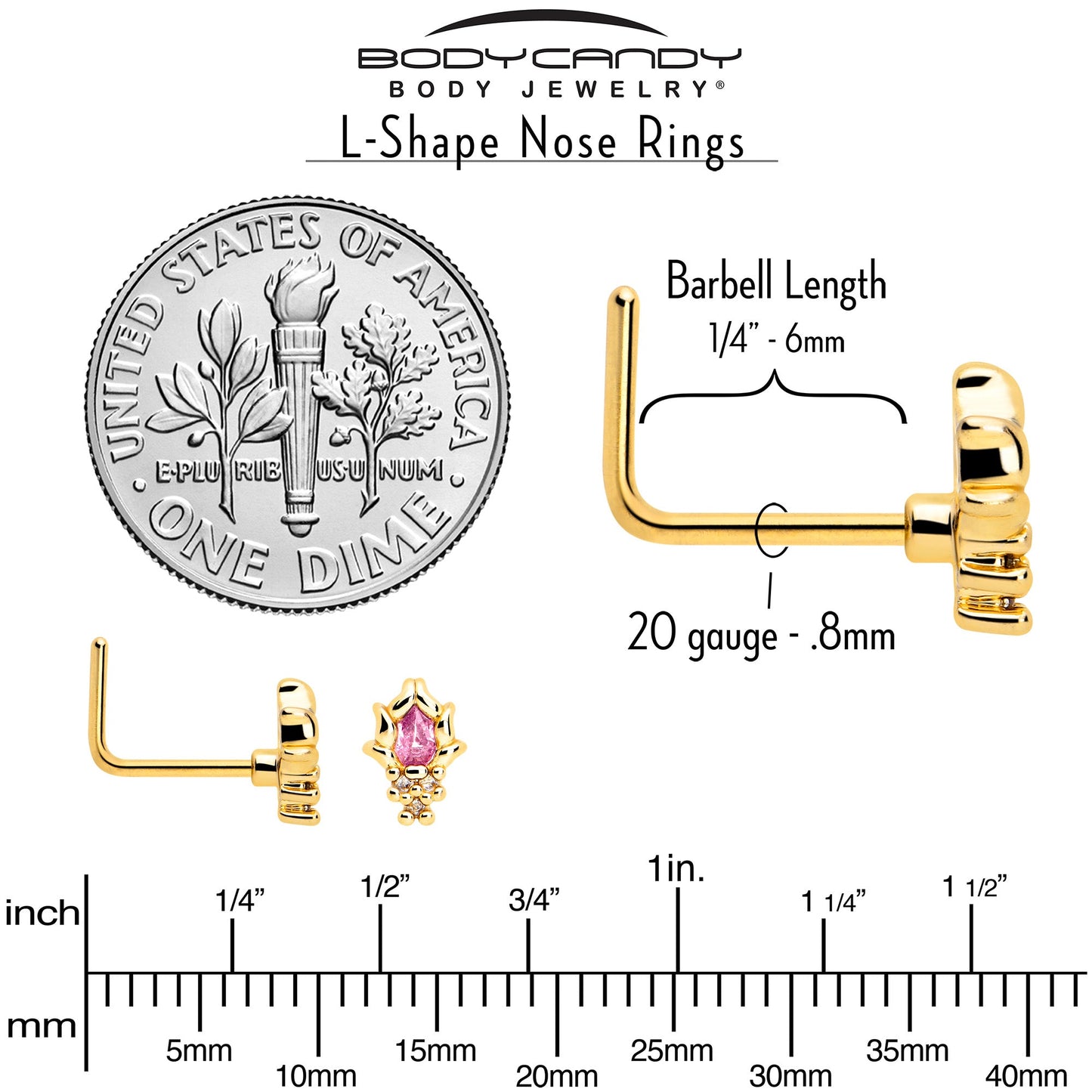 20G 7mm Pink CZ Gem Gold Tone Style Fire L Shape Nose Ring