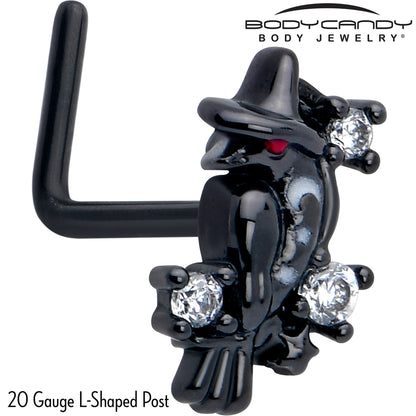 20G 7mm Clear CZ Gem Black Raven Witch L Shape Nose Ring