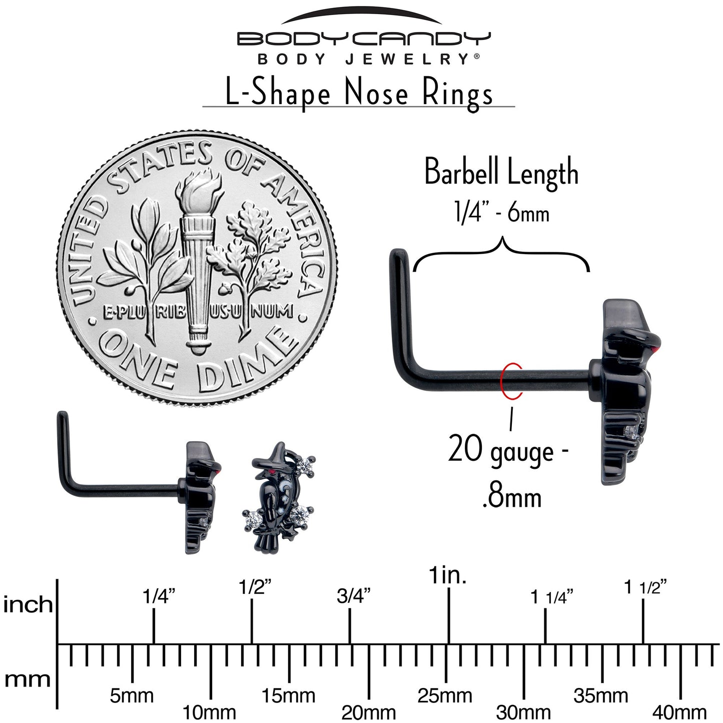 20G 7mm Clear CZ Gem Black Raven Witch L Shape Nose Ring