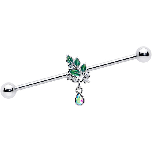 14G Aurora CZ Gem Morning Leaves Dangle Industrial Barbell 38mm