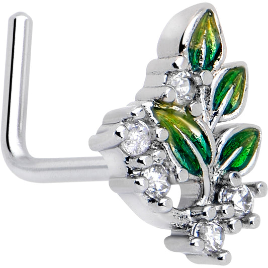 20G 7mm Clear CZ Gem Morning Leaves L Shape Nose Ring