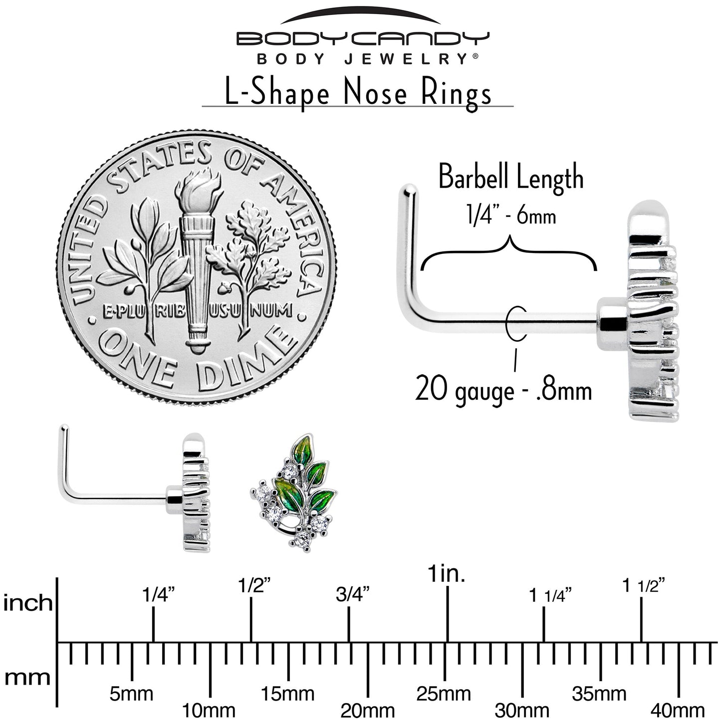 20G 7mm Clear CZ Gem Morning Leaves L Shape Nose Ring