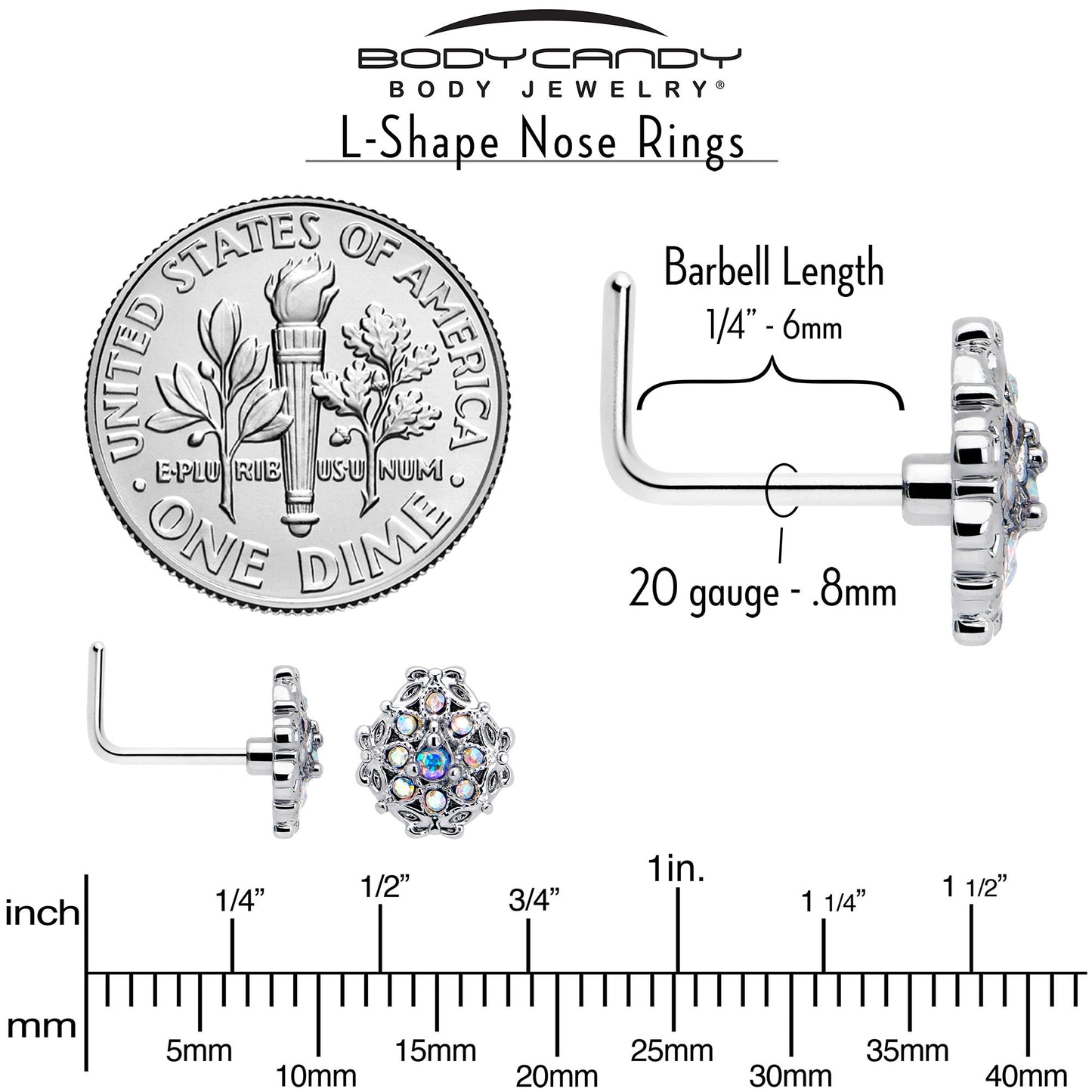 20G 7mm Aurora Gem Retro Sunburst L Shape Nose Ring