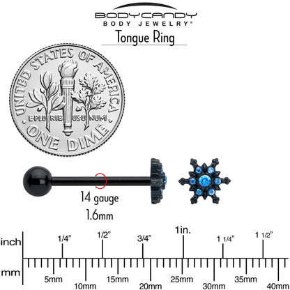 Blue CZ Gem Black Gothic Winter Holiday Snowflake Barbell Tongue Ring