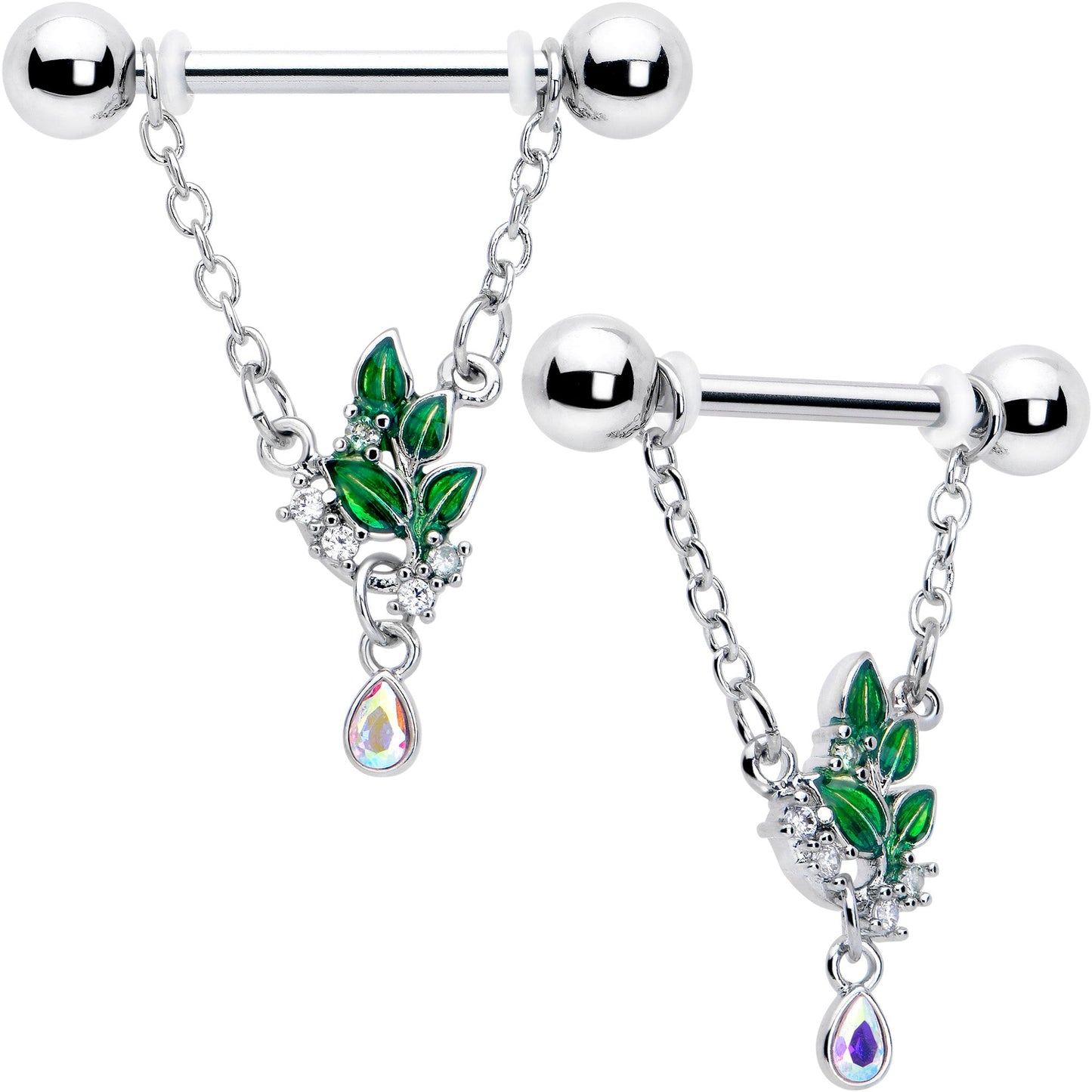 14G 9/16 Aurora CZ Gem Morning Leaves Chain Dangle Nipple Ring Set