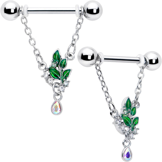 14G 9/16 Aurora CZ Gem Morning Leaves Chain Dangle Nipple Ring Set