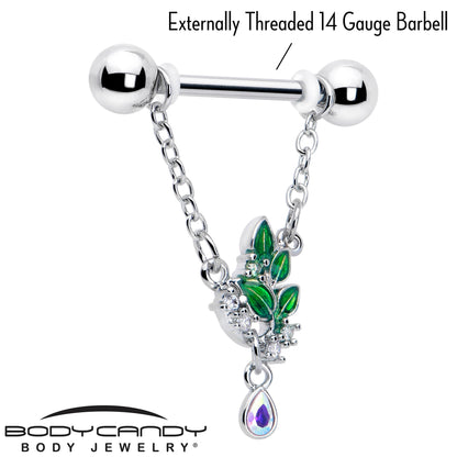 14G 9/16 Aurora CZ Gem Morning Leaves Chain Dangle Nipple Ring Set