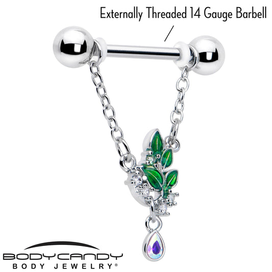 14G 9/16 Aurora CZ Gem Morning Leaves Chain Dangle Nipple Ring Set